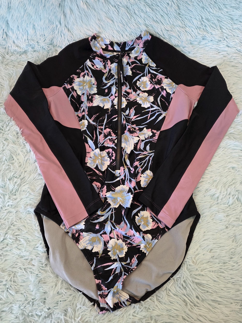 Speedo Floral One Piece Rash Guard Swimsuit Black Pink Zip Front Size 12